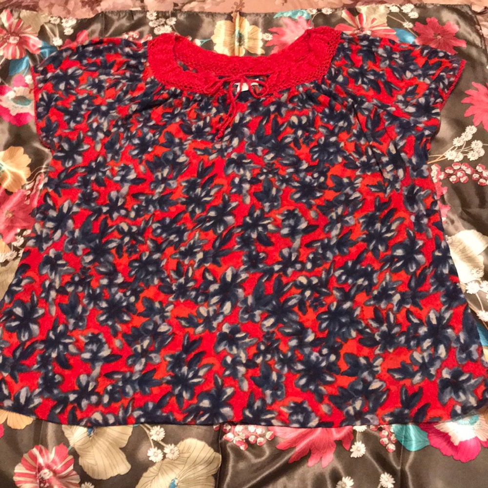 Red and Blue, floral print blouse